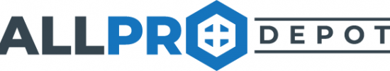 All Pro Depot logo: the word ALL in gray, PRO in blue with the o as a hexagon with a reversed-out cross inside it and the word DEPOT in gray with lines above and below